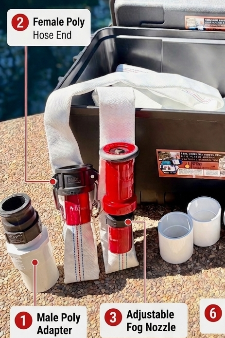 Pool cover protection kit laid out on a pool deck with labeled callouts pointing to included items: a black storage case, folded fire hose, hose adapter, fog nozzle, strainer cup, 3-way diverter, and poly box. A pool and outdoor setting are visible in the background.