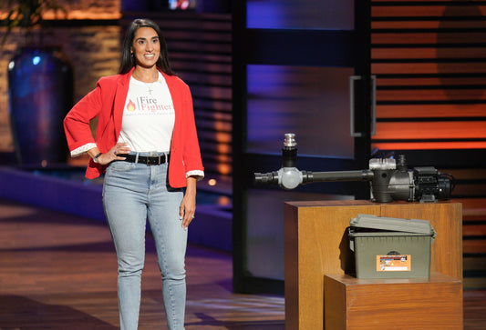 The founder of FireFighter1, Bianca, presenting her pitch for her fire fighting business to the sharks in Los Angeles at ABC's Shark Tank. 