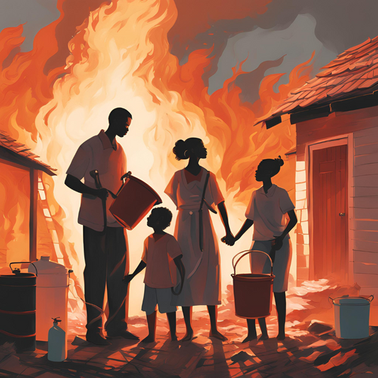 an american family coming together to help put out a home fire that has made their house on fire.