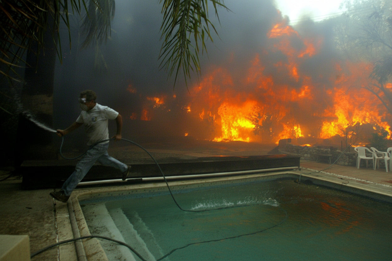 Person using a hose to extinguish a fire in a backyard setting with a pool.