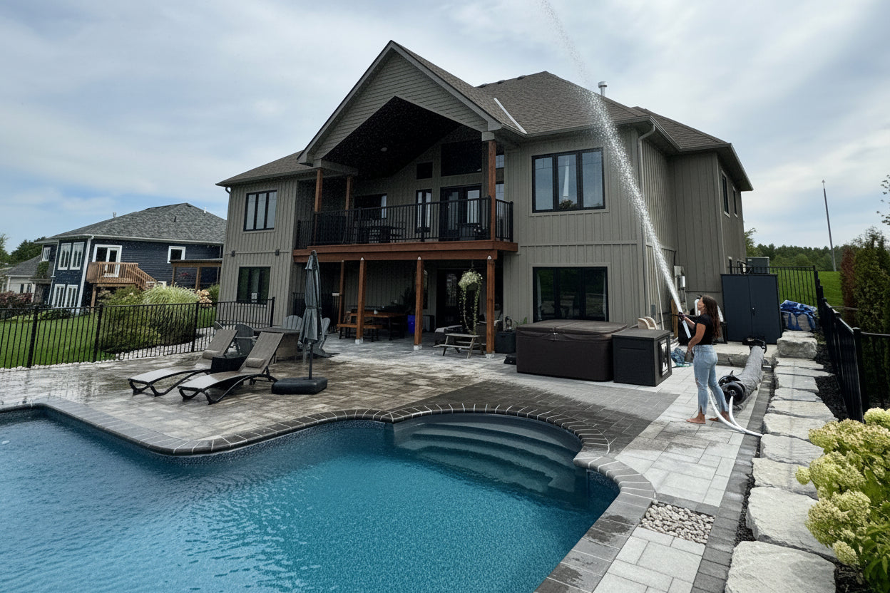 Two-story house with a deck overlooking a pool on a cloudy day